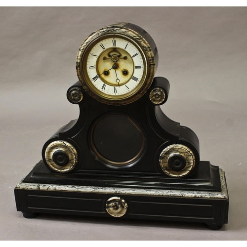 1586 - A LARGE VICTORIAN POLISHED SLATE AND MARBLE MANTEL CLOCK, with a two part enamelled dial with Roman ... 