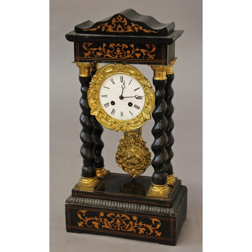 1587 - A 19TH CENTURY FRENCH 'PORTICO' CLOCK, the white enamelled dial with Roman numerals, with an eight d... 