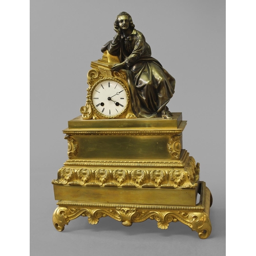 1588 - A FRENCH ORMOLU EMPIRE STYLE MANTLE CLOCK, the white enamelled dial with Roman numerals, with a two ... 