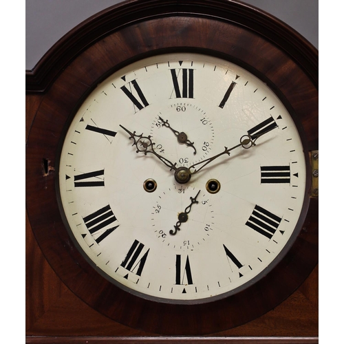 1593 - A LATE GEORGE III MAHOGANY LONGCASE CLOCK, the circular white enamelled dial with subsidiary seconds... 