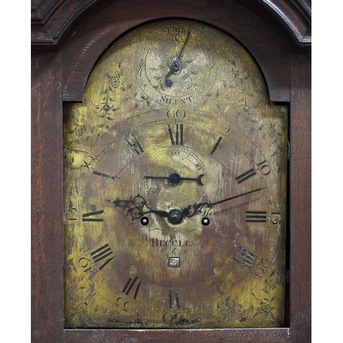 1595 - A GEORGE III OAK LONGCASE CLOCK BY EDWARD BLOWERS, with an arch topped brass dial with Roman numeral... 