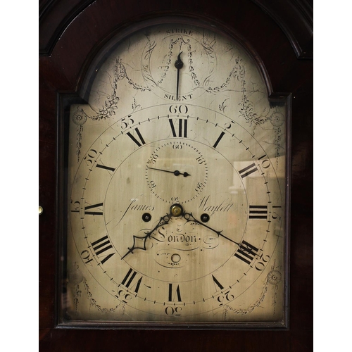 1596 - A GEORGE III MAHOGANY LONGCASE CLOCK BY JAMES WAYLETT, LONDON. the steel dial with Roman numerals an... 