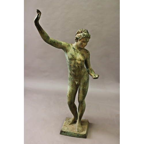 1608 - A CLASSICAL STYLE BRONZE STATUE OF A MALE FIGURE, the faun standing, naked, with one hand raised and... 