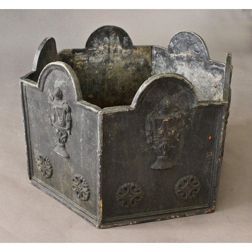 1610 - A VICTORIAN STYLE LEAD PLANTER, of hexagonal form, each side with a domed top and vase ornament, 37c... 