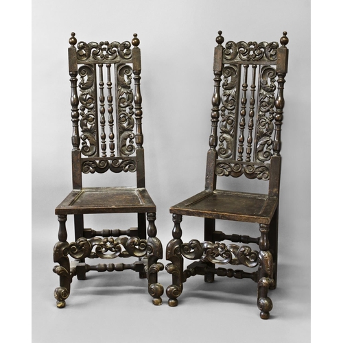 1719 - A PAIR OF LATE 17TH CENTURY OAK HIGHBACKED CHAIRS, with tall carved backs with central panels contai... 