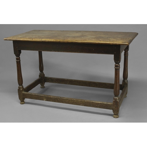 1726 - AN 18TH CENTURY OAK SIDE TABLE, with a three plank rectangular top with moulded border above a plain... 