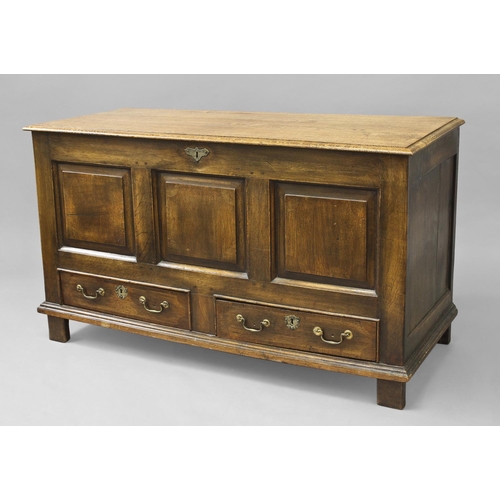 1727 - AN OAK MULE CHEST, with a rising rectangular top with moulded border above a three panel front and t... 