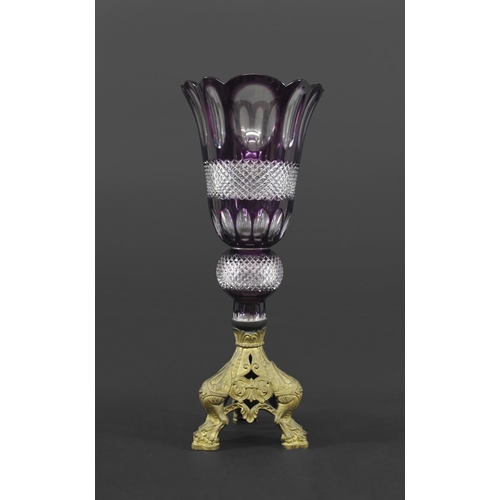 1110 - LARGE BOHEMIAN PURPLE GLASS VASE & METAL STAND an unusually large purple and clear glass vase of fla... 