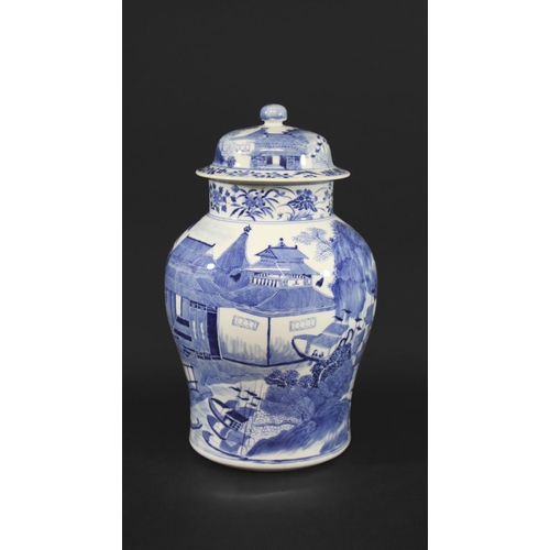 1262 - 19THC CHINESE TEMPLE JAR & COVER a large porcelain jar and cover of baluster shape, the blue and whi... 