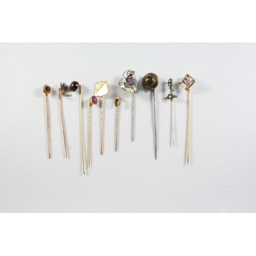 680 - FORTY TWO ASSORTED STICK PINS a carved lava cameo stick pin, depiciting the bust of a lady, a gold s... 