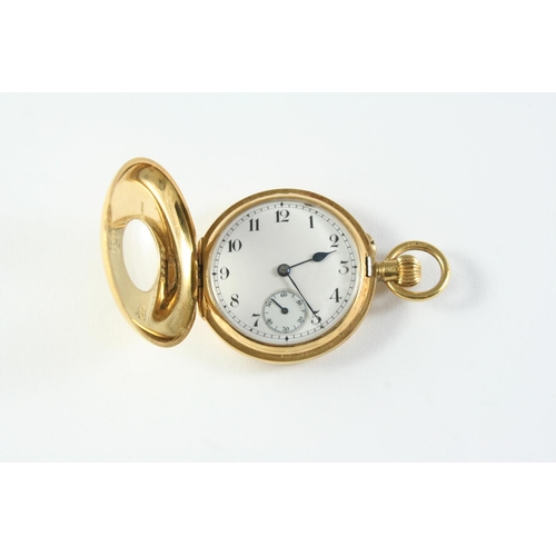 746 - AN 18CT GOLD HALF HUNTING CASED FOB WATCH the white enamel dial with Arabic numerals and subsidiary ... 