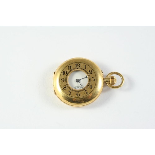 746 - AN 18CT GOLD HALF HUNTING CASED FOB WATCH the white enamel dial with Arabic numerals and subsidiary ... 