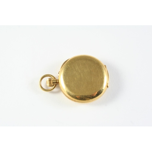 746 - AN 18CT GOLD HALF HUNTING CASED FOB WATCH the white enamel dial with Arabic numerals and subsidiary ... 