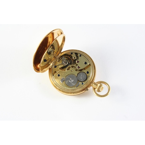 746 - AN 18CT GOLD HALF HUNTING CASED FOB WATCH the white enamel dial with Arabic numerals and subsidiary ... 