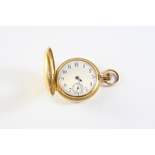 747 - AN 18CT GOLD HALF HUNTING CASED POCKET WATCH the white enamel dial with Arabic numerals and subsidia... 