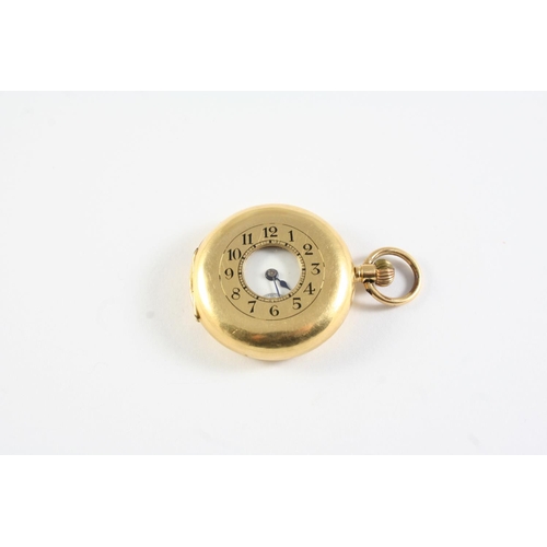 747 - AN 18CT GOLD HALF HUNTING CASED POCKET WATCH the white enamel dial with Arabic numerals and subsidia... 