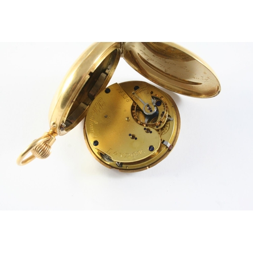 752 - AN 18CT GOLD FULL HUNTING CASED POCKET WATCH the white enamel dial signed Rotherhams, with black Rom... 