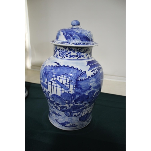 1262 - 19THC CHINESE TEMPLE JAR & COVER a large porcelain jar and cover of baluster shape, the blue and whi... 