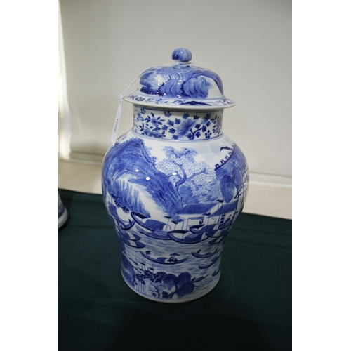 1262 - 19THC CHINESE TEMPLE JAR & COVER a large porcelain jar and cover of baluster shape, the blue and whi... 