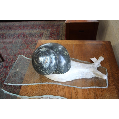 1032 - CONTEMPORARY MARBLE & GLASS SCULPTURE - SNAILS an interesting group of three marble snails, each mou... 