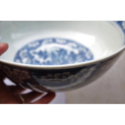 1253 - LARGE CHINESE BOWL a large 19thc blue and white porcelain bowl, the two panels painted with Birds in... 