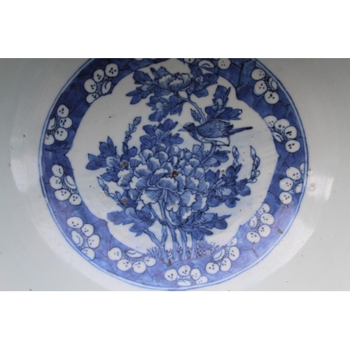 1253 - LARGE CHINESE BOWL a large 19thc blue and white porcelain bowl, the two panels painted with Birds in... 