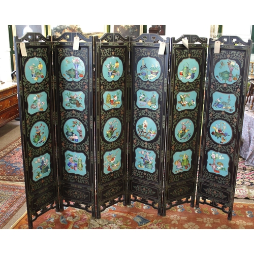 1264 - LARGE CHINESE LACQUERED & CLOISONNE SCREEN a large 20thc six fold lacquered screen, inset with clois... 