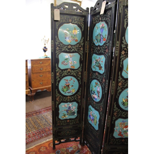 1264 - LARGE CHINESE LACQUERED & CLOISONNE SCREEN a large 20thc six fold lacquered screen, inset with clois... 