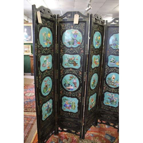 1264 - LARGE CHINESE LACQUERED & CLOISONNE SCREEN a large 20thc six fold lacquered screen, inset with clois... 