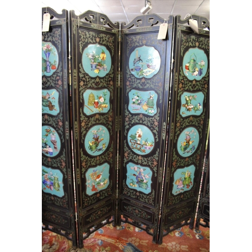 1264 - LARGE CHINESE LACQUERED & CLOISONNE SCREEN a large 20thc six fold lacquered screen, inset with clois... 