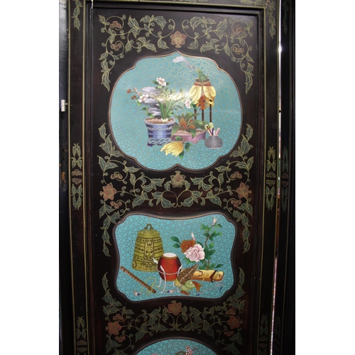 1264 - LARGE CHINESE LACQUERED & CLOISONNE SCREEN a large 20thc six fold lacquered screen, inset with clois... 