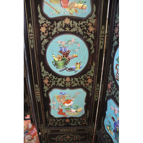 1264 - LARGE CHINESE LACQUERED & CLOISONNE SCREEN a large 20thc six fold lacquered screen, inset with clois... 