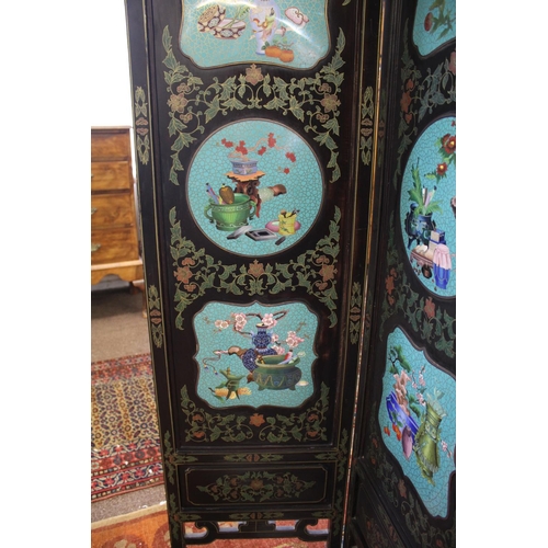 1264 - LARGE CHINESE LACQUERED & CLOISONNE SCREEN a large 20thc six fold lacquered screen, inset with clois... 