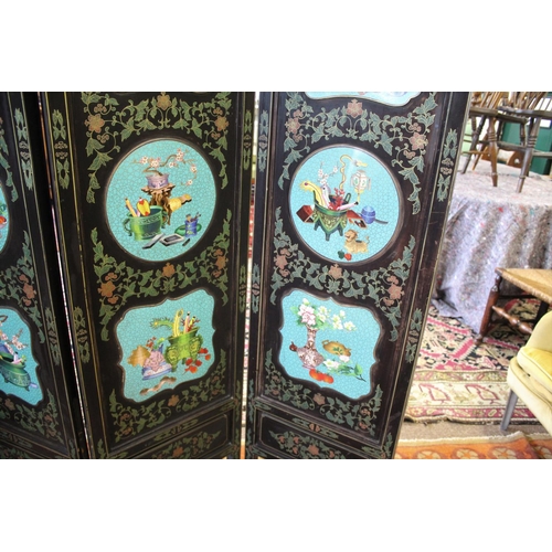 1264 - LARGE CHINESE LACQUERED & CLOISONNE SCREEN a large 20thc six fold lacquered screen, inset with clois... 