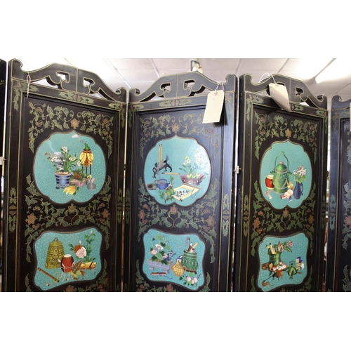 1264 - LARGE CHINESE LACQUERED & CLOISONNE SCREEN a large 20thc six fold lacquered screen, inset with clois... 