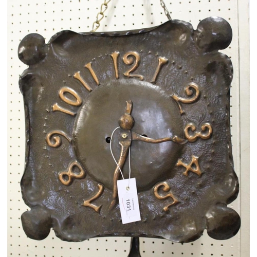 1031 - ARTS & CRAFTS COPPER WALL CLOCK with a square shaped face with curved corners, hand beaten and with ... 