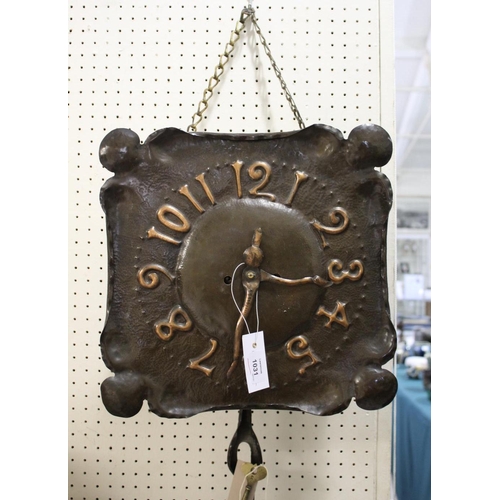 1031 - ARTS & CRAFTS COPPER WALL CLOCK with a square shaped face with curved corners, hand beaten and with ... 