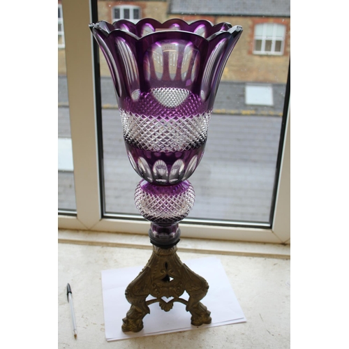 1110 - LARGE BOHEMIAN PURPLE GLASS VASE & METAL STAND an unusually large purple and clear glass vase of fla... 