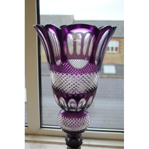 1110 - LARGE BOHEMIAN PURPLE GLASS VASE & METAL STAND an unusually large purple and clear glass vase of fla... 