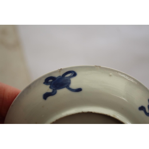 1257 - CHINESE BLUE & WHITE SAUCER a small blue and white saucer painted with various figures including one... 