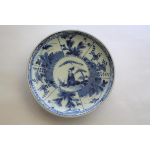 1257 - CHINESE BLUE & WHITE SAUCER a small blue and white saucer painted with various figures including one... 