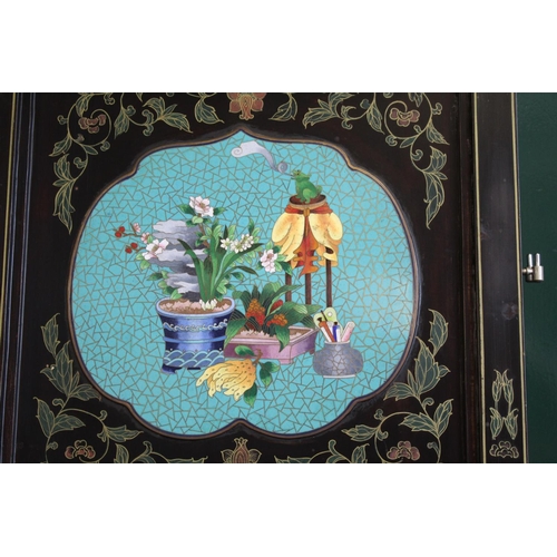 1264 - LARGE CHINESE LACQUERED & CLOISONNE SCREEN a large 20thc six fold lacquered screen, inset with clois... 