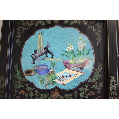 1264 - LARGE CHINESE LACQUERED & CLOISONNE SCREEN a large 20thc six fold lacquered screen, inset with clois... 