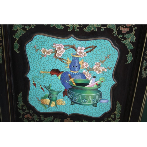 1264 - LARGE CHINESE LACQUERED & CLOISONNE SCREEN a large 20thc six fold lacquered screen, inset with clois... 