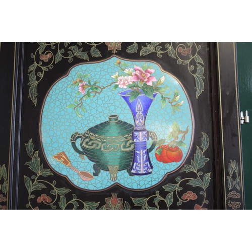 1264 - LARGE CHINESE LACQUERED & CLOISONNE SCREEN a large 20thc six fold lacquered screen, inset with clois... 