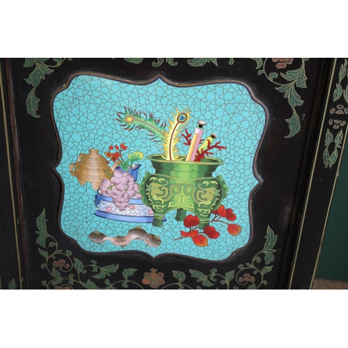 1264 - LARGE CHINESE LACQUERED & CLOISONNE SCREEN a large 20thc six fold lacquered screen, inset with clois... 