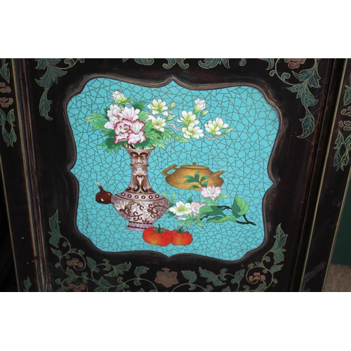 1264 - LARGE CHINESE LACQUERED & CLOISONNE SCREEN a large 20thc six fold lacquered screen, inset with clois... 