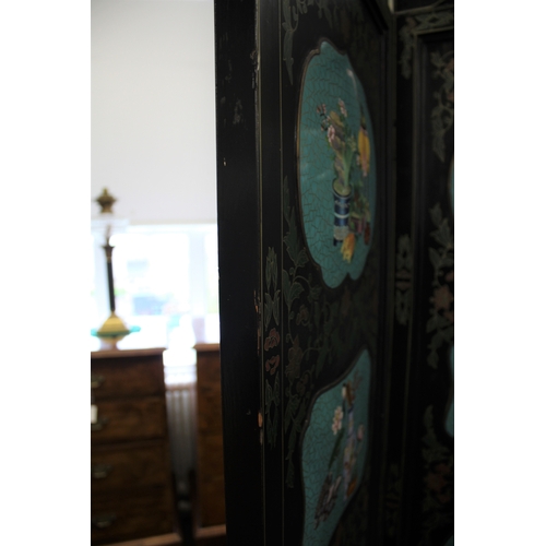 1264 - LARGE CHINESE LACQUERED & CLOISONNE SCREEN a large 20thc six fold lacquered screen, inset with clois... 