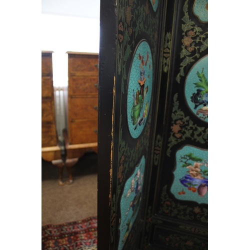 1264 - LARGE CHINESE LACQUERED & CLOISONNE SCREEN a large 20thc six fold lacquered screen, inset with clois... 