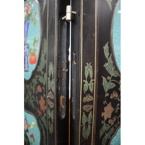 1264 - LARGE CHINESE LACQUERED & CLOISONNE SCREEN a large 20thc six fold lacquered screen, inset with clois... 